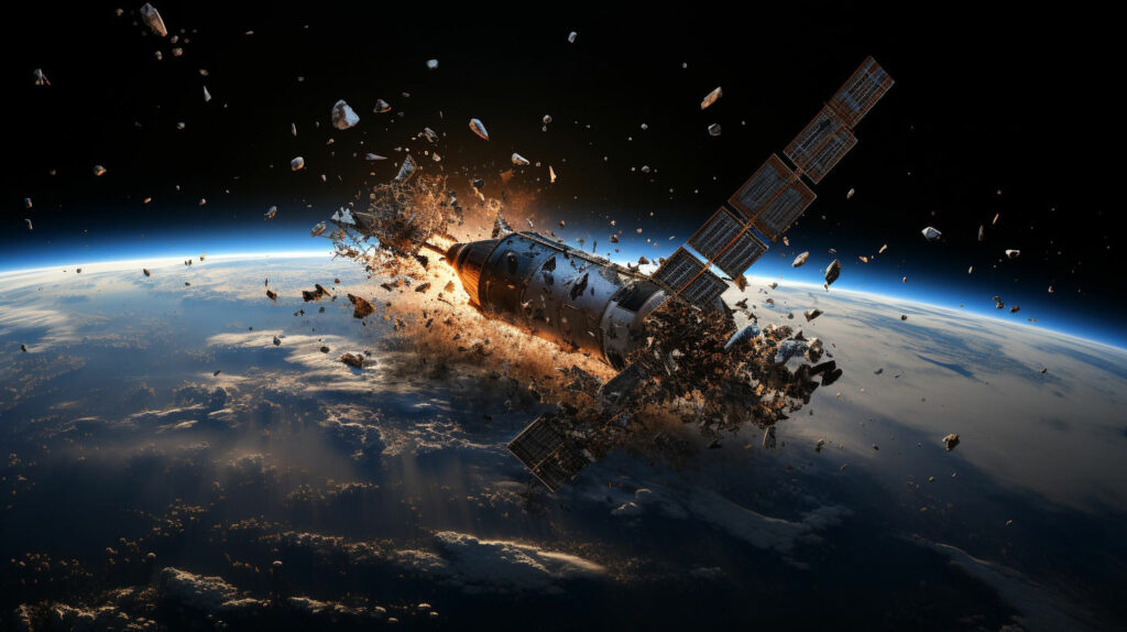 the crash of a space satellite into the earth's atmosphere