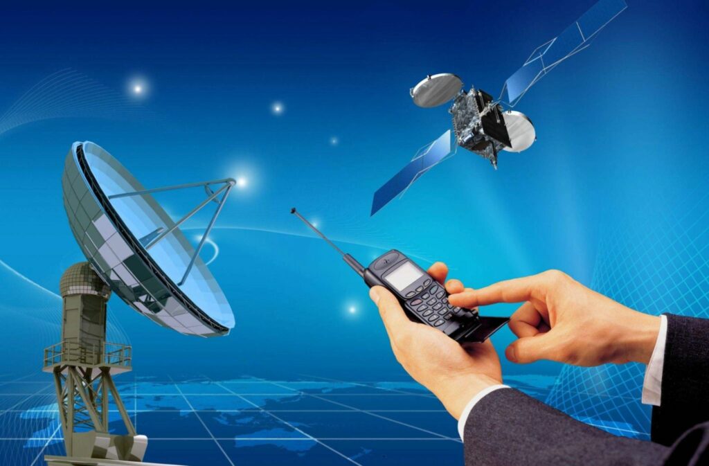 Illustration of space technology: telecommunication, communication, satellite, telephone, radar.