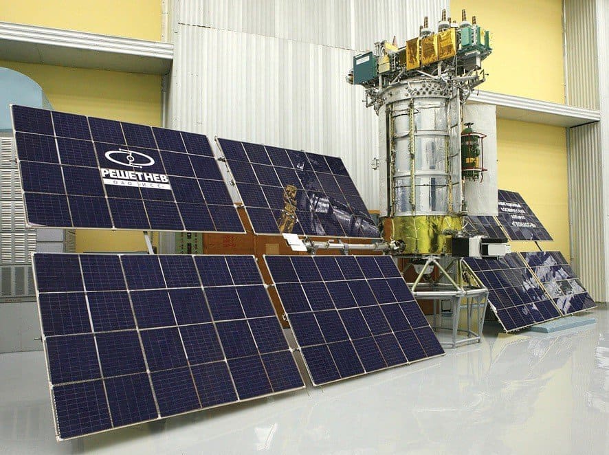 A life-size model of the GLONASS navigation satellite at the Reshetnev satellite manufacturing plant.